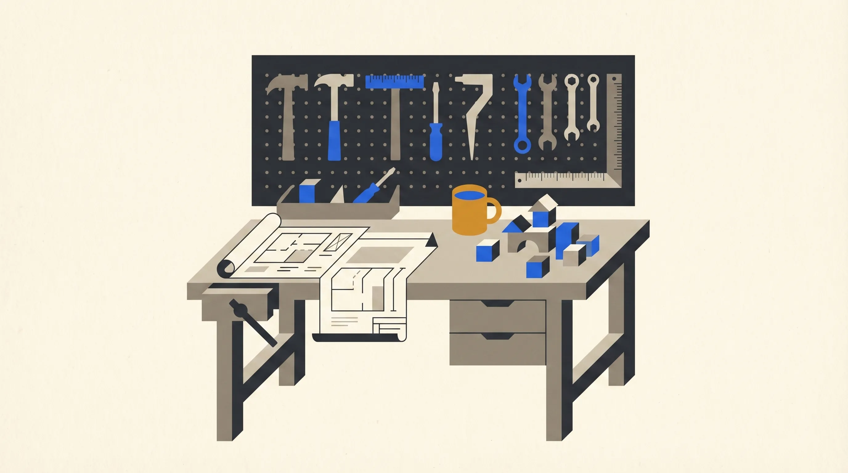 A craftsman's workshop with blueprints, tools, and coffee